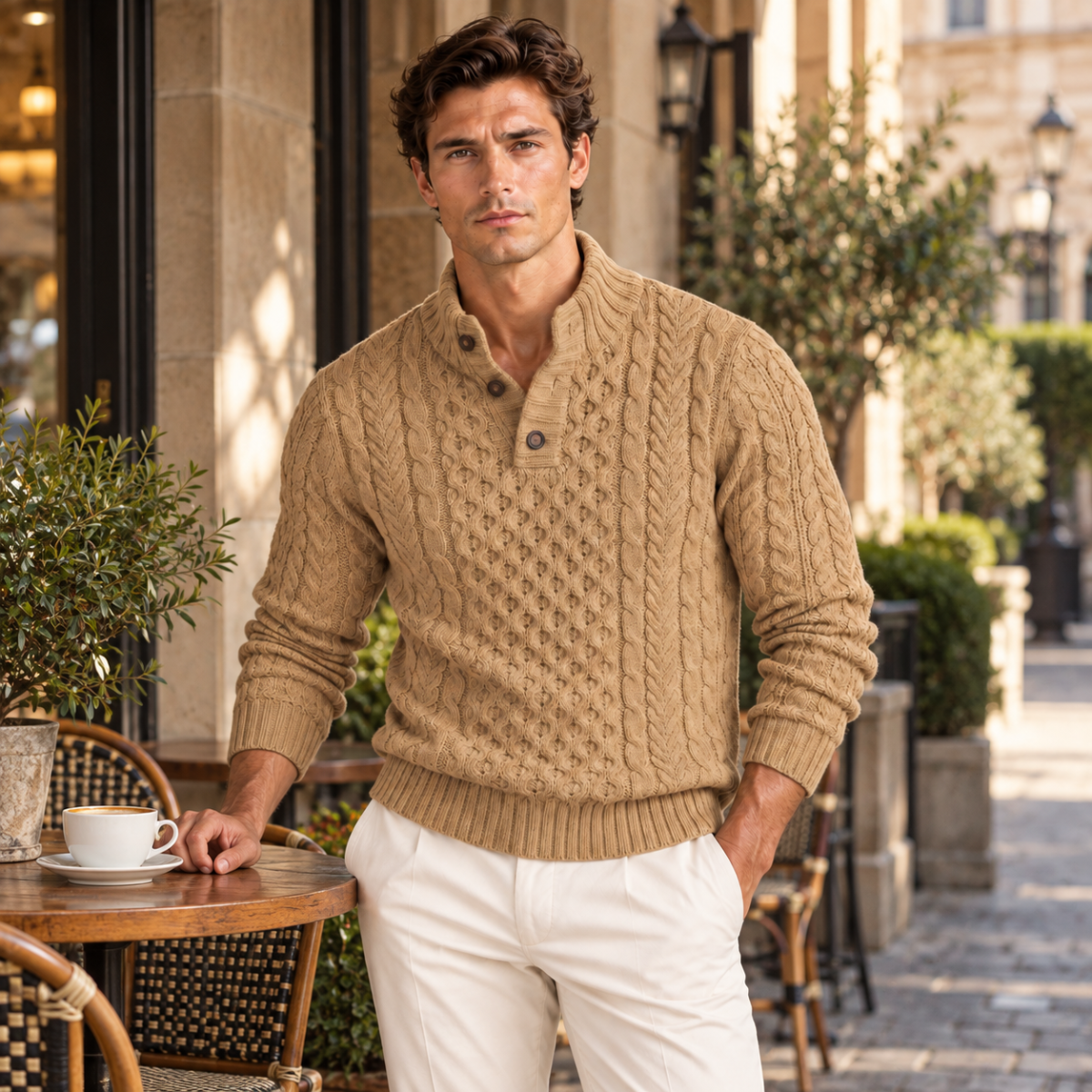 Brighton Men's Cable Knit Sweater with Chunky Button Neck
