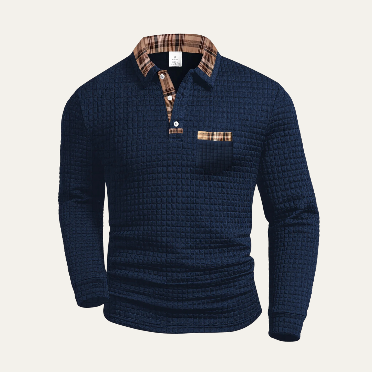Men’s Waffle Knit Polo Jumper with Plaid Collar
