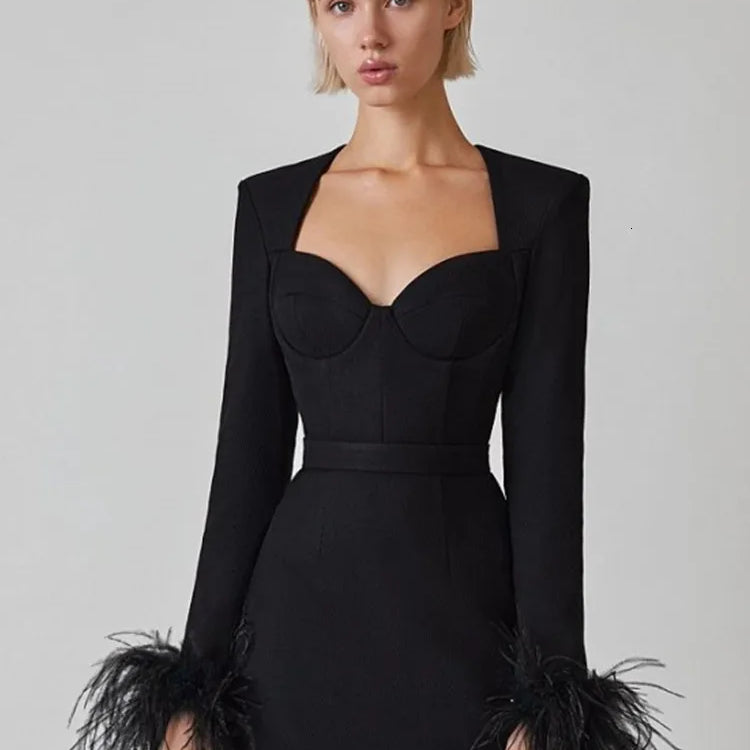 Women's Corset Mini Dress with Feather Cuffs