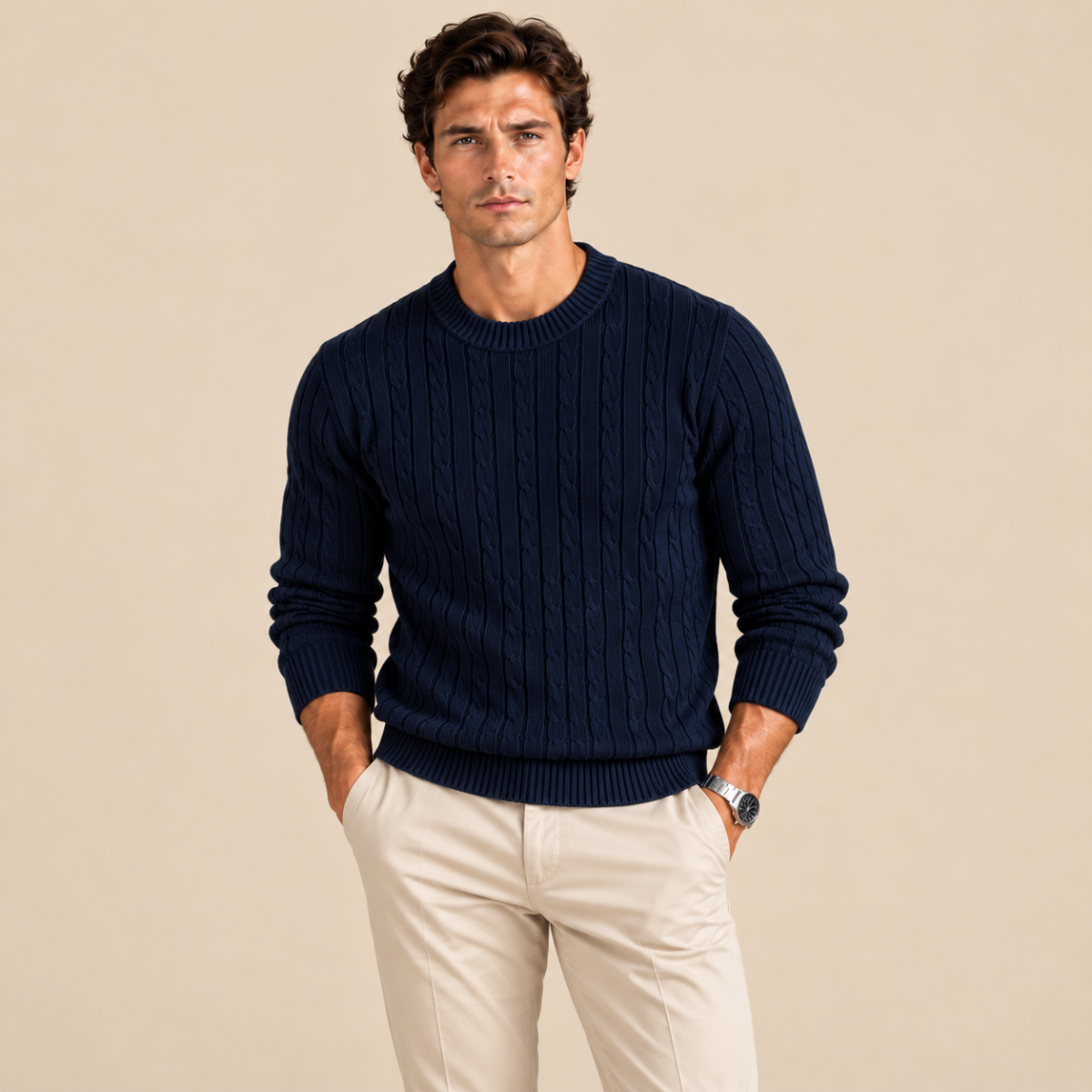 Cashmere Merino Wool Knit Jumper for Men - Navy Blue