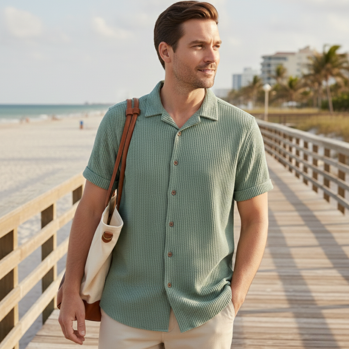 Men’s Waffle Shirt – Casual Short Sleeve Button Up Summer Top