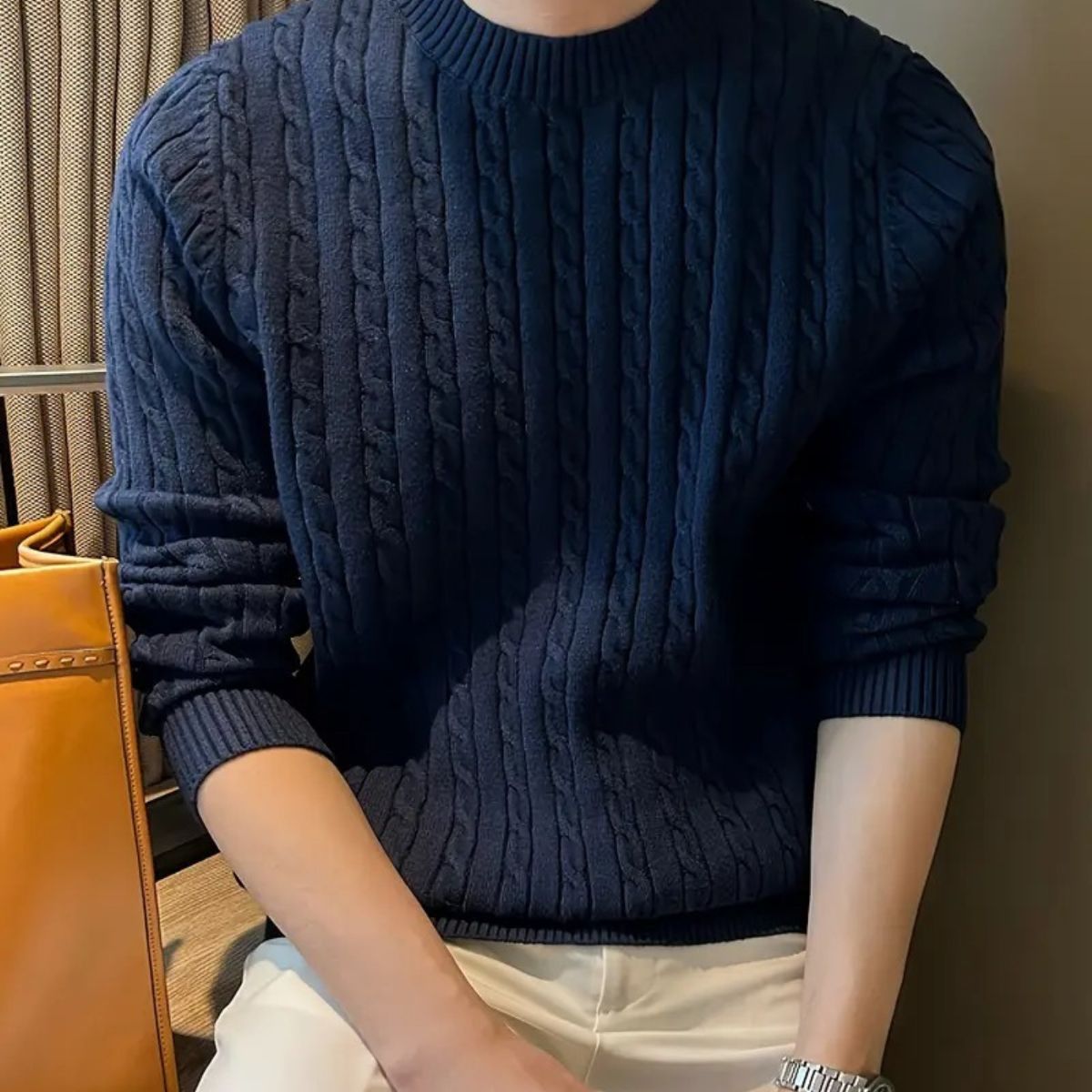 Cashmere Merino Wool Knit Jumper for Men - Navy Blue