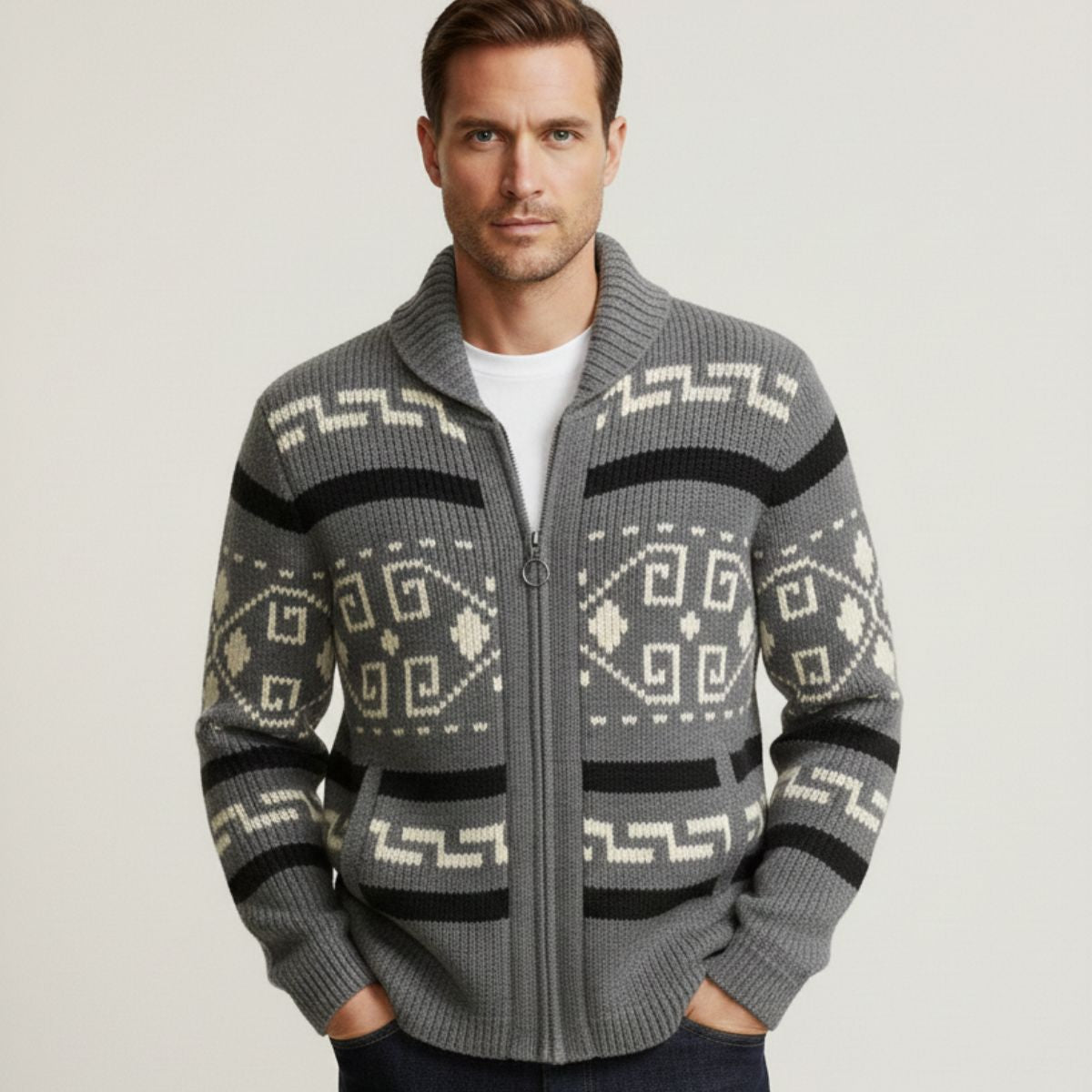 Orvieto Men's Vintage Thick Knit Cardigan with Shawl Collar for Winter