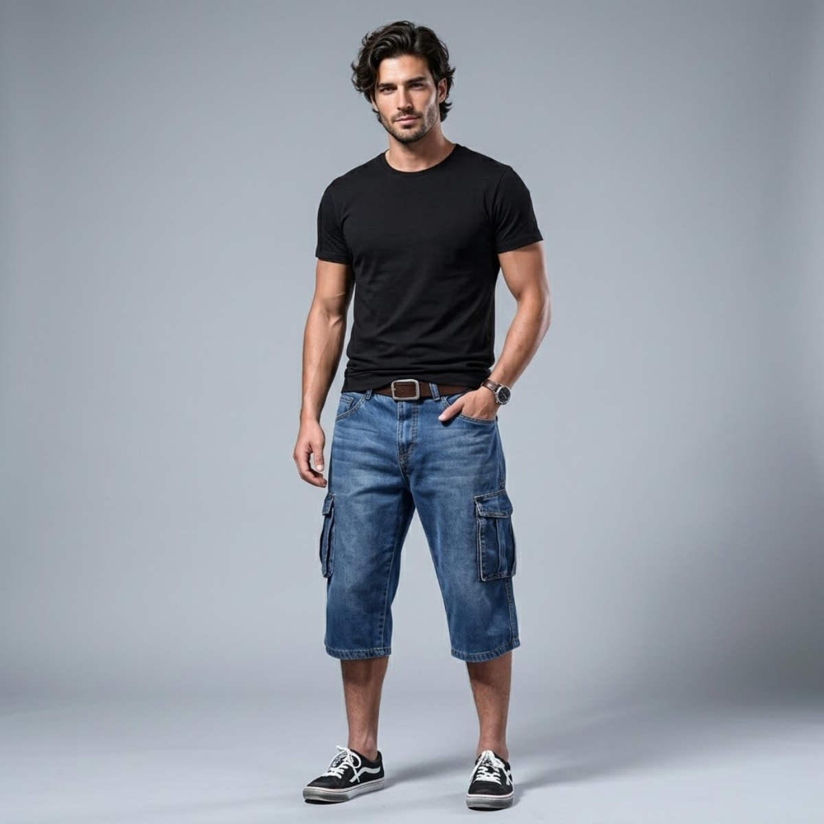 The Arezzo Men’s Loose Fit Multi Pocket Denim Cargo Shorts