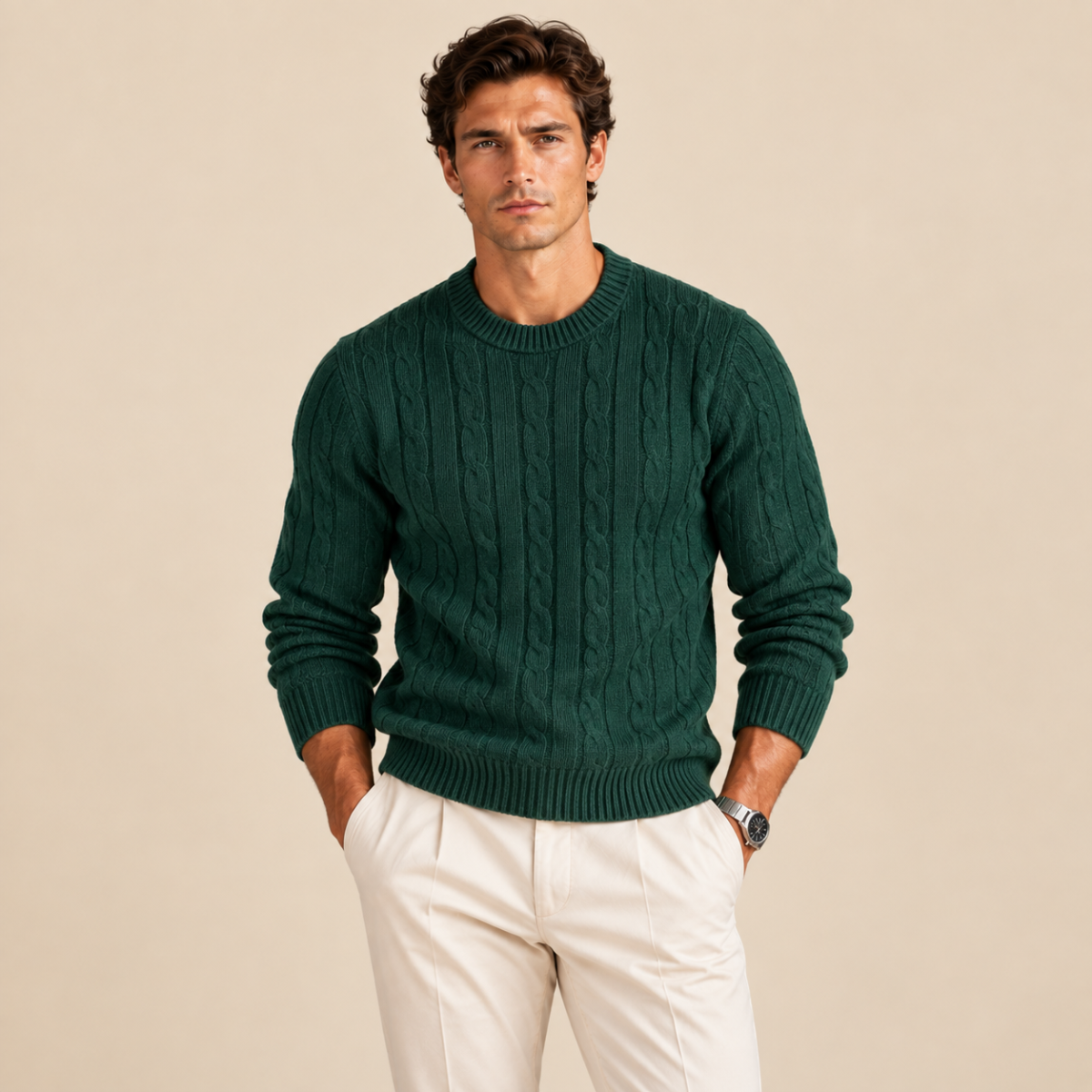 Cashmere Merino Wool Knit Jumper for Men - Green