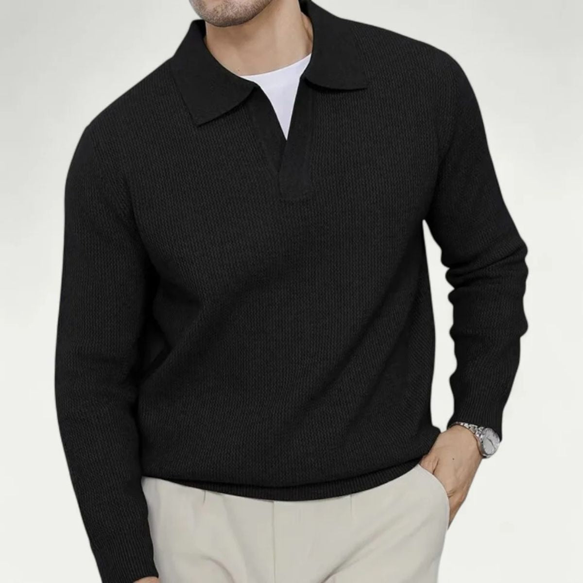 Knitted Long Sleeve Polo Jumper for Men - Open Collar