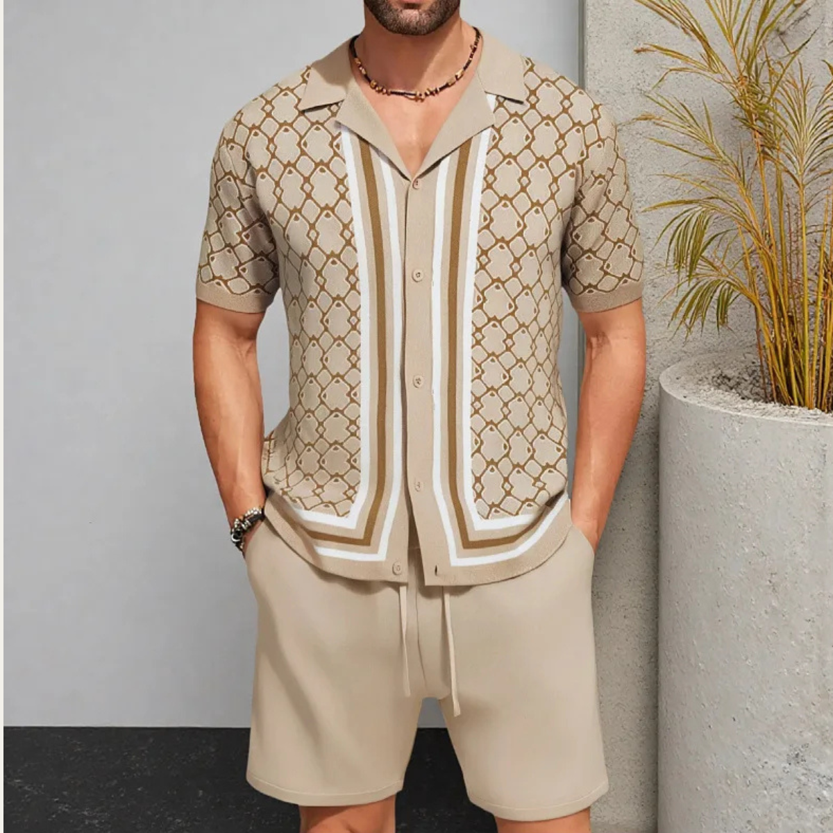 The Burford Men’s Cuban Collar Knitted Shirt & Shorts Summer Set