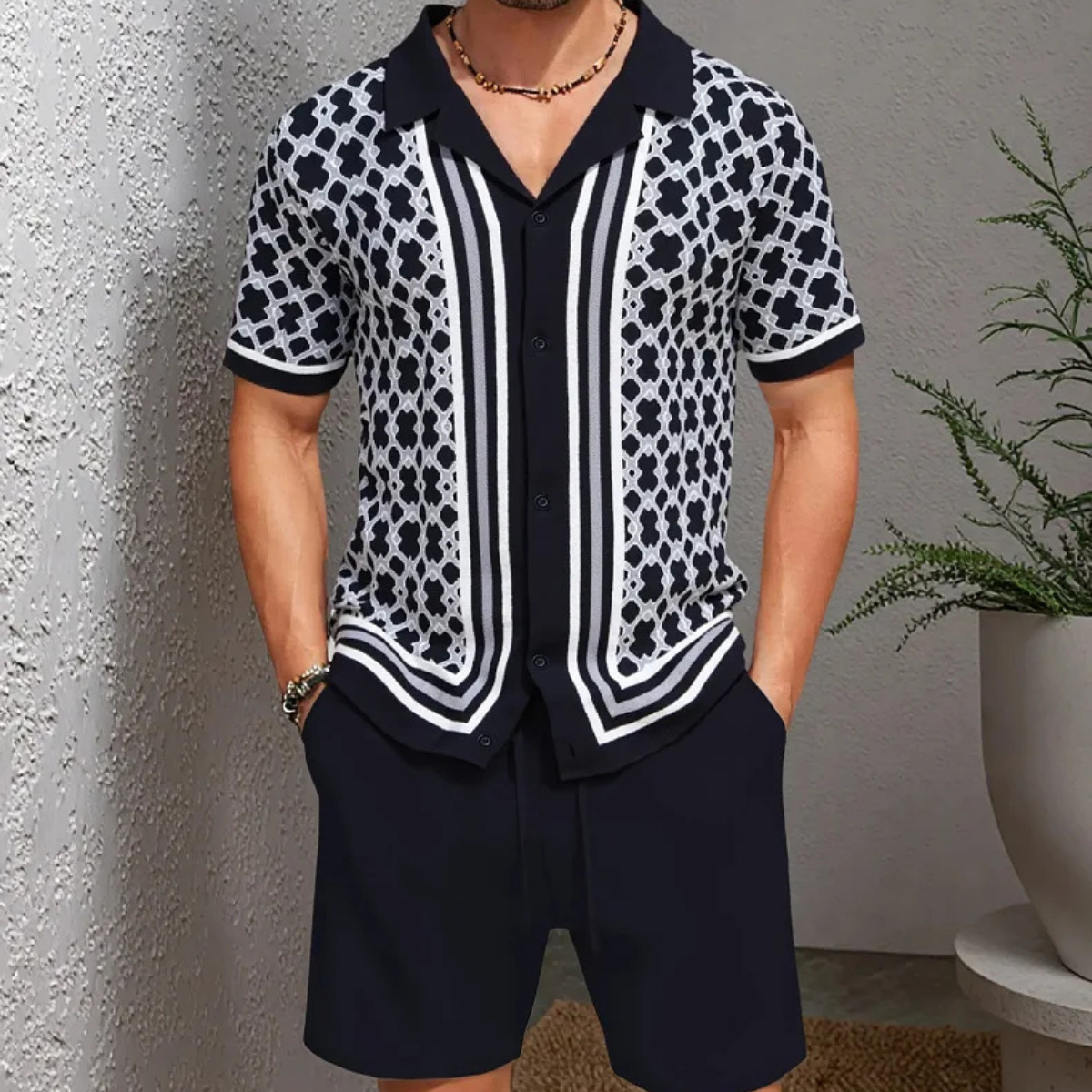 The Burford Men’s Cuban Collar Knitted Shirt & Shorts Summer Set