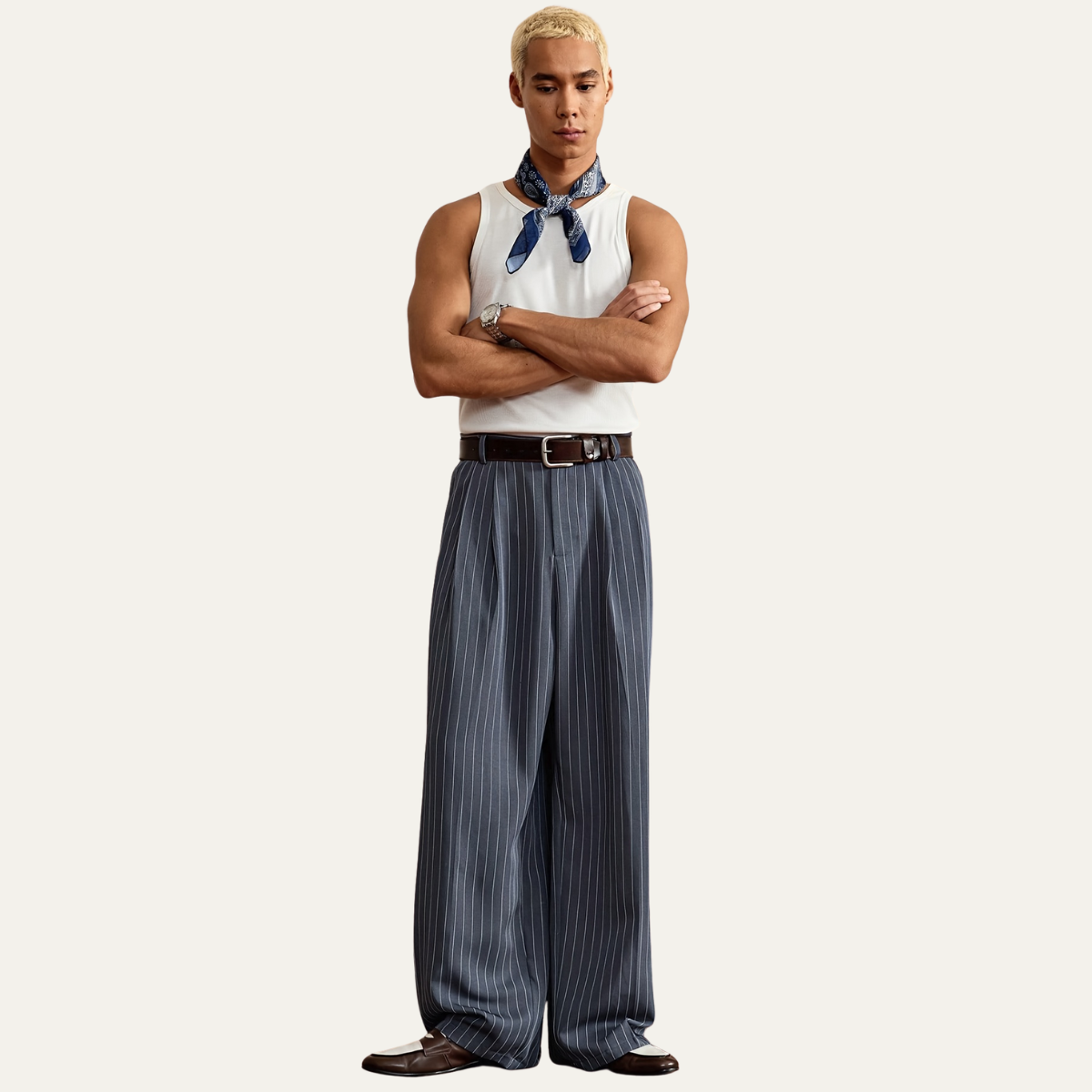The Ascot Men’s Vintage Wide Leg Pinstripe Dress Trousers