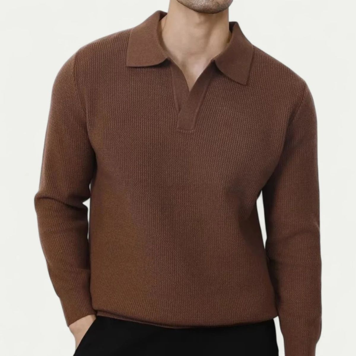 Knitted Long Sleeve Polo Jumper for Men - Open Collar