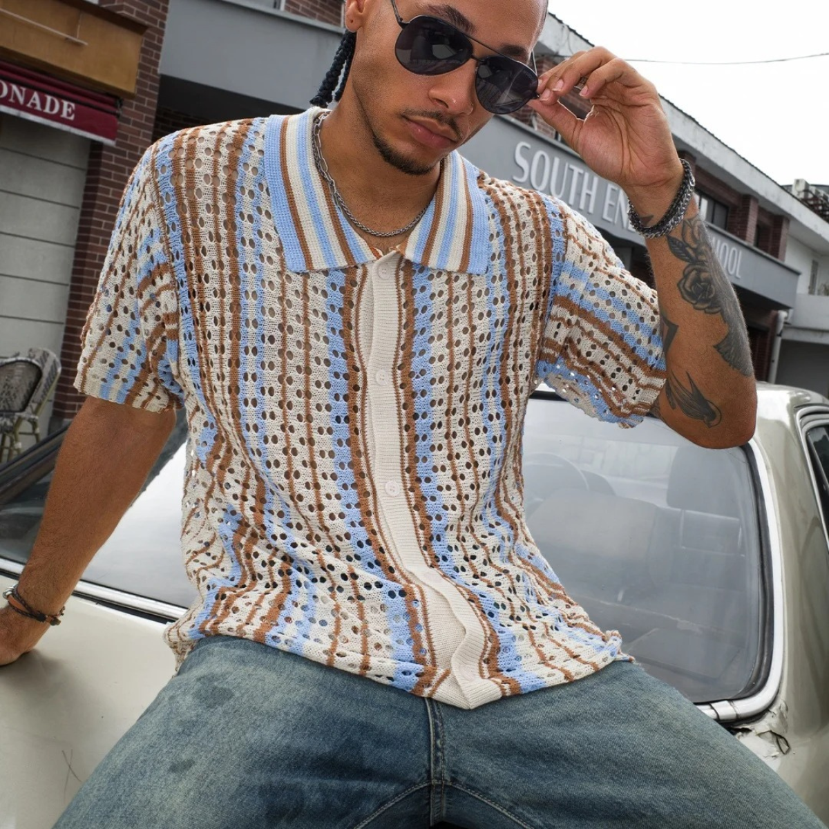 The Castelrotto Men’s Short Sleeve Retro Pattern Knit Polo Shirt
