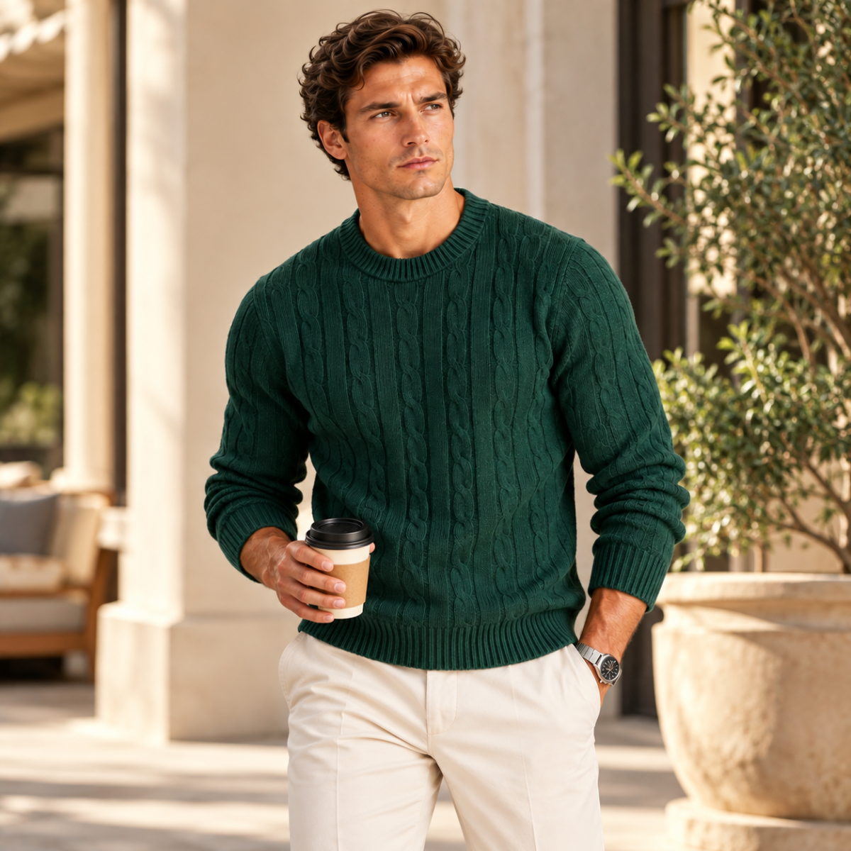 Cashmere Merino Wool Knit Jumper for Men - Green