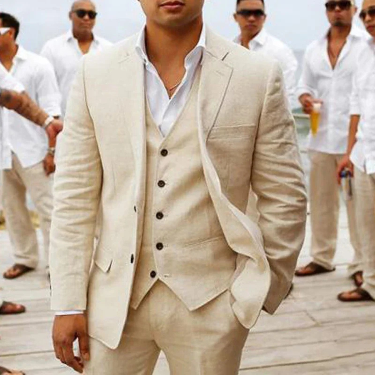 The Tropea Men’s Beige Linen 3 Piece Suit – Elegant Jacket Gilet Trousers