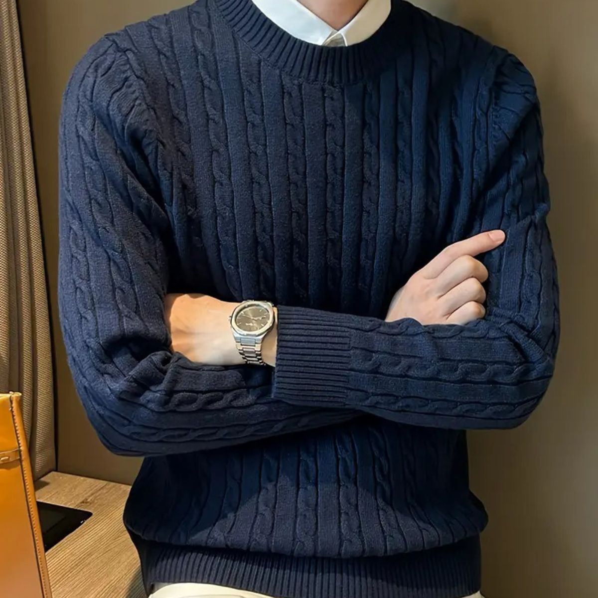Cashmere Merino Wool Knit Jumper for Men - Navy Blue