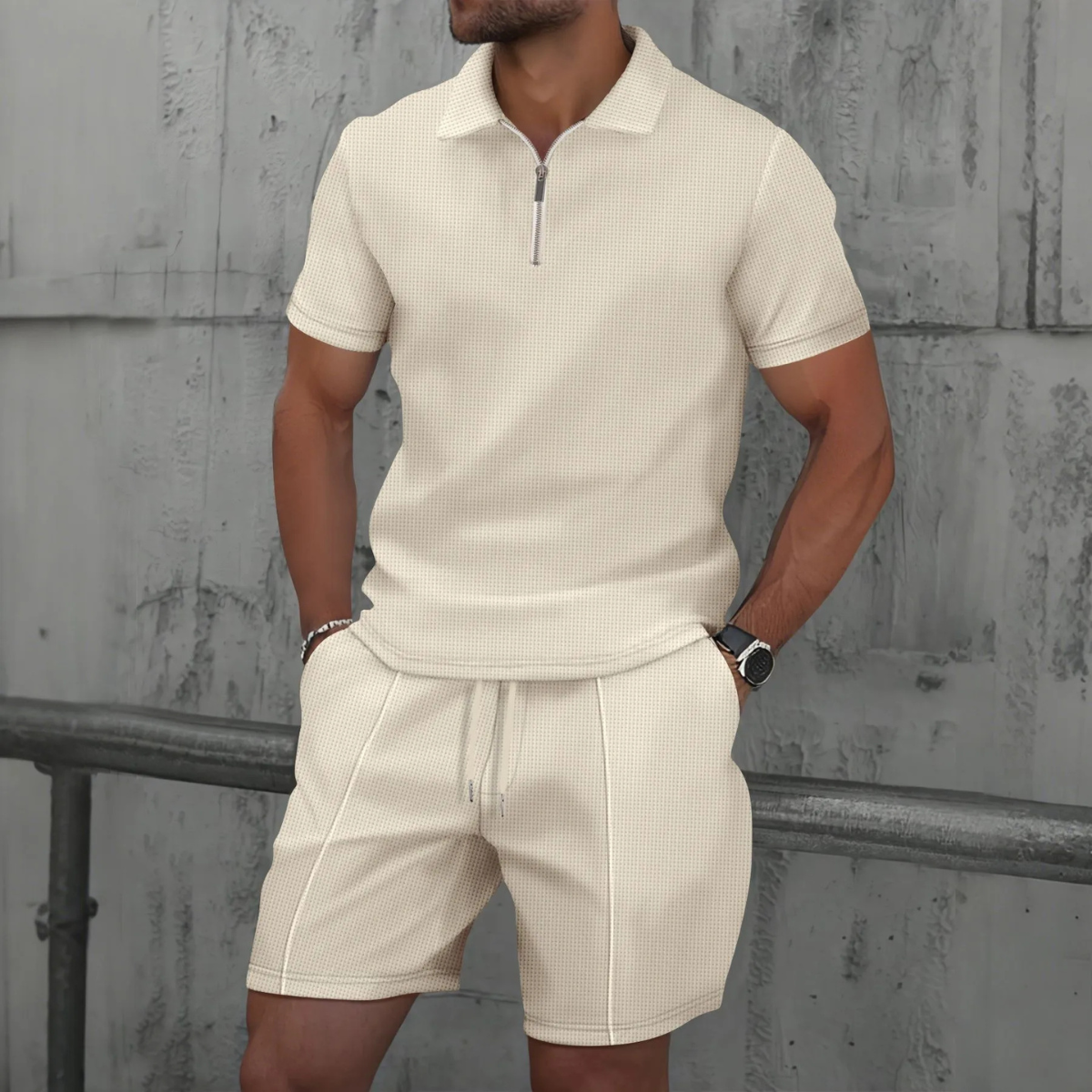 The Cheltenham Men’s Waffle Knit Zip-Up Shirt & Shorts Set