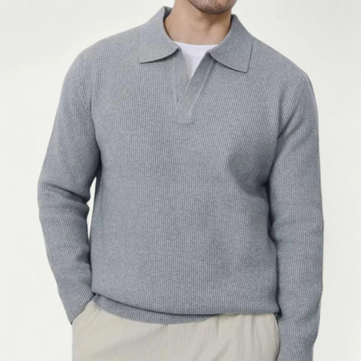 Knitted Long Sleeve Polo Jumper for Men - Open Collar