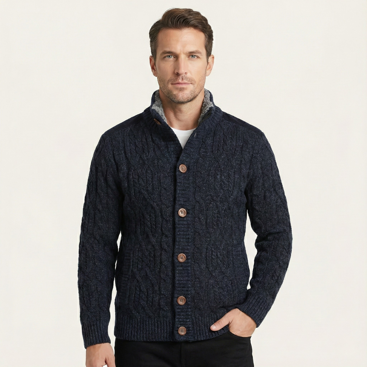 Maplewood Men's Fleece-Lined Wool Cardigan for Winter
