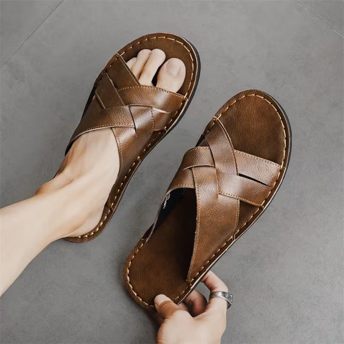 The Ravello Men’s Casual Leather Look Slip On Slide Sandals