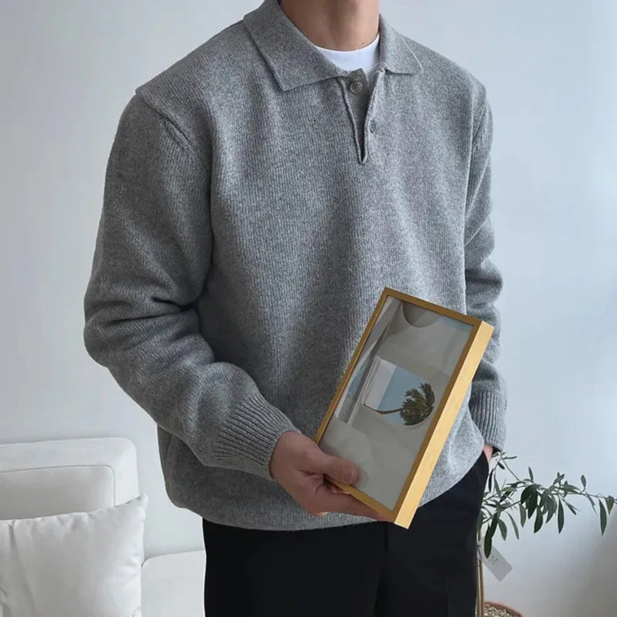 Men's Tailored Grey Casual Polo Jumper