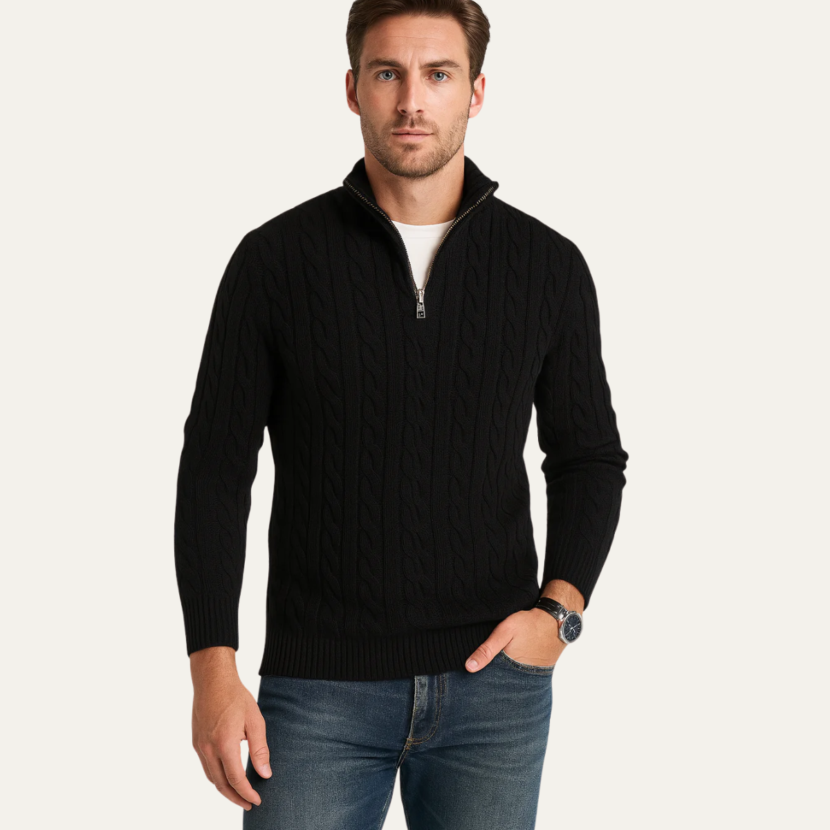 Men's Collared Cable Pattern Zip Jumper
