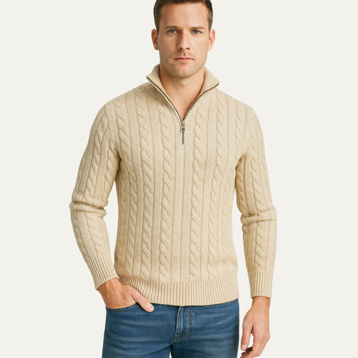 Men's Collared Cable Pattern Zip Jumper