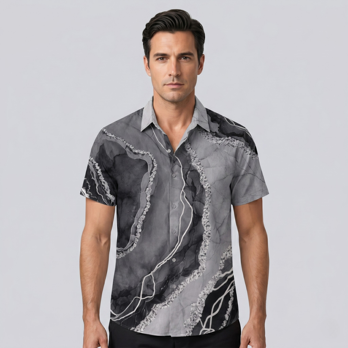 Men’s Casual Patchwork Short Sleeve Button Up Shirt
