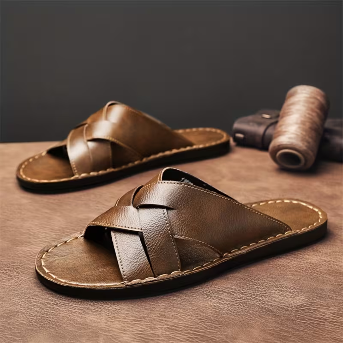 The Ravello Men’s Casual Leather Look Slip On Slide Sandals