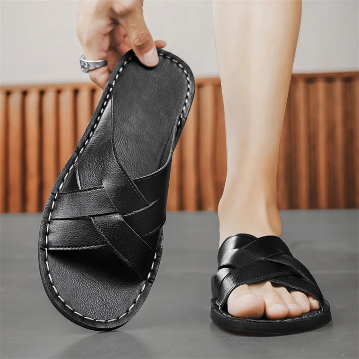 The Cortona Men’s Open Toe Casual Leather Slide Sandals
