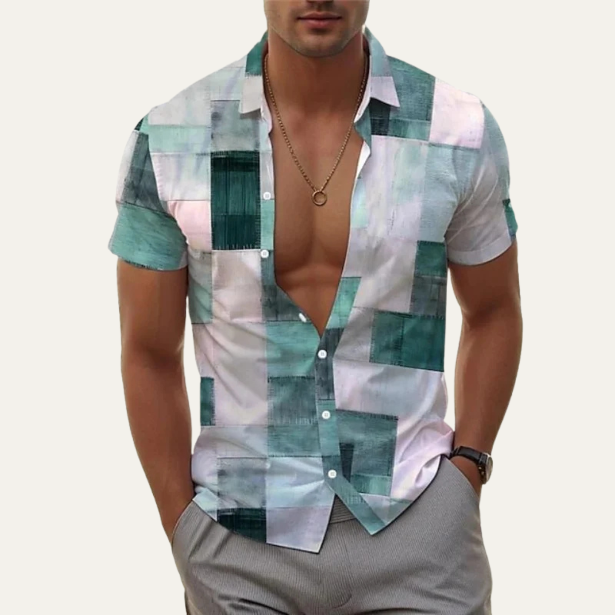 The Alnwick Trendy Patchwork Short Sleeve Button Up Shirt