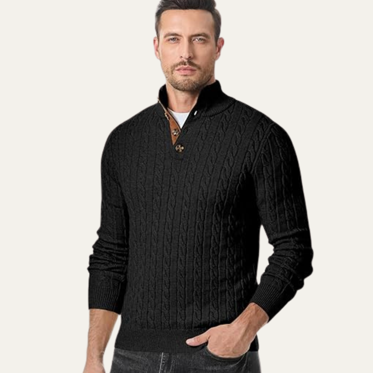 Stamford Men's Cable Knit Sweater with Stand-Up Collar