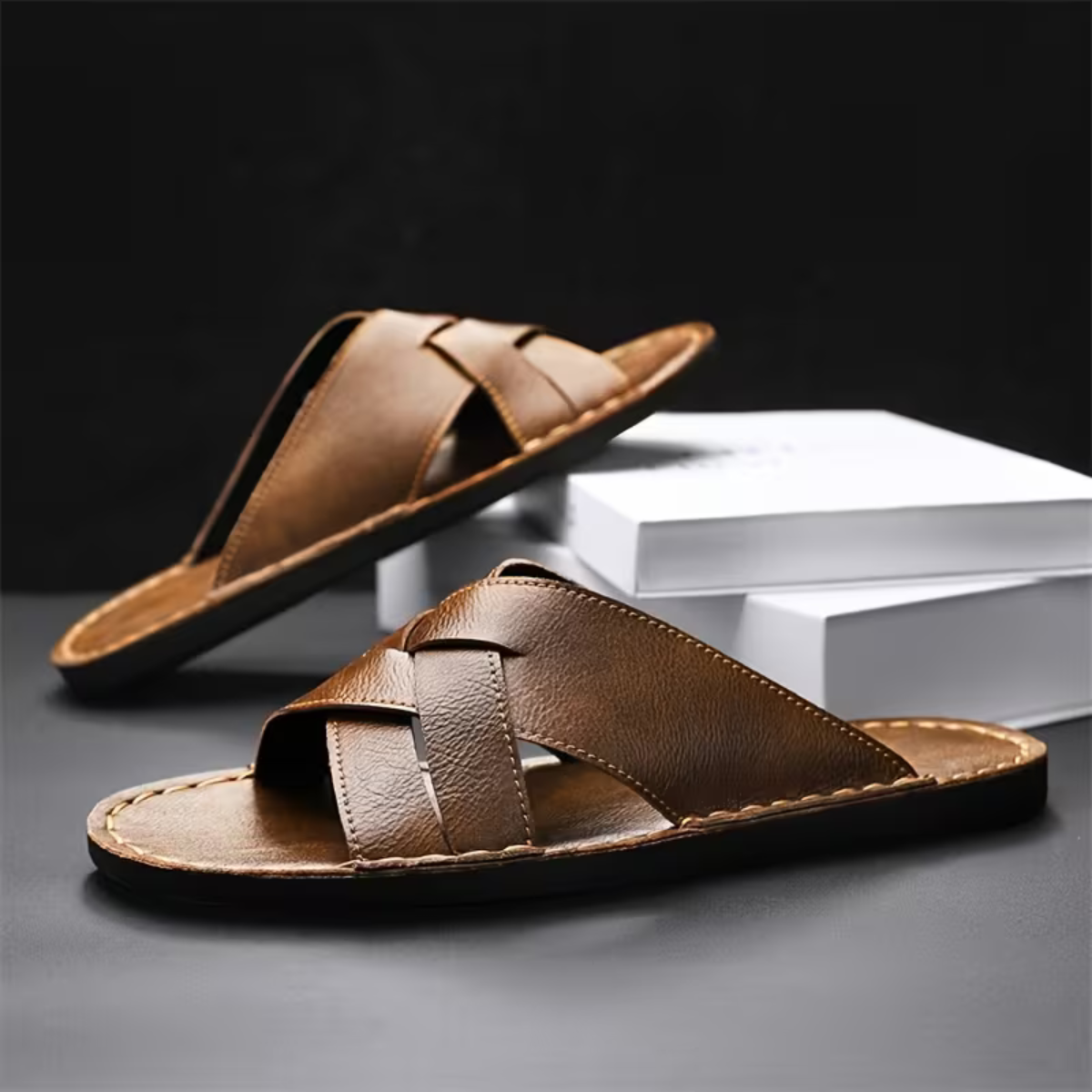 The Ravello Men’s Casual Leather Look Slip On Slide Sandals