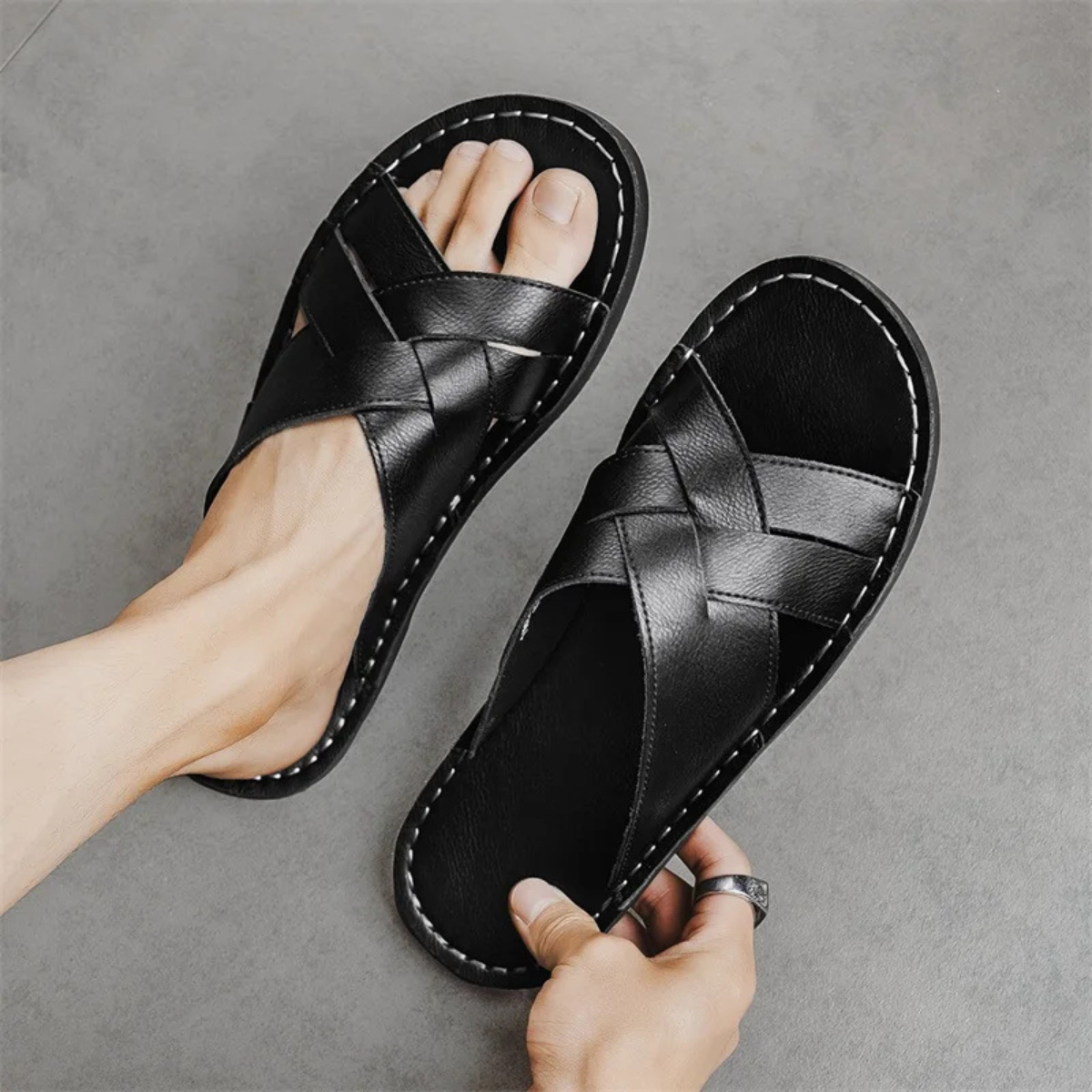 The Cortona Men’s Open Toe Casual Leather Slide Sandals