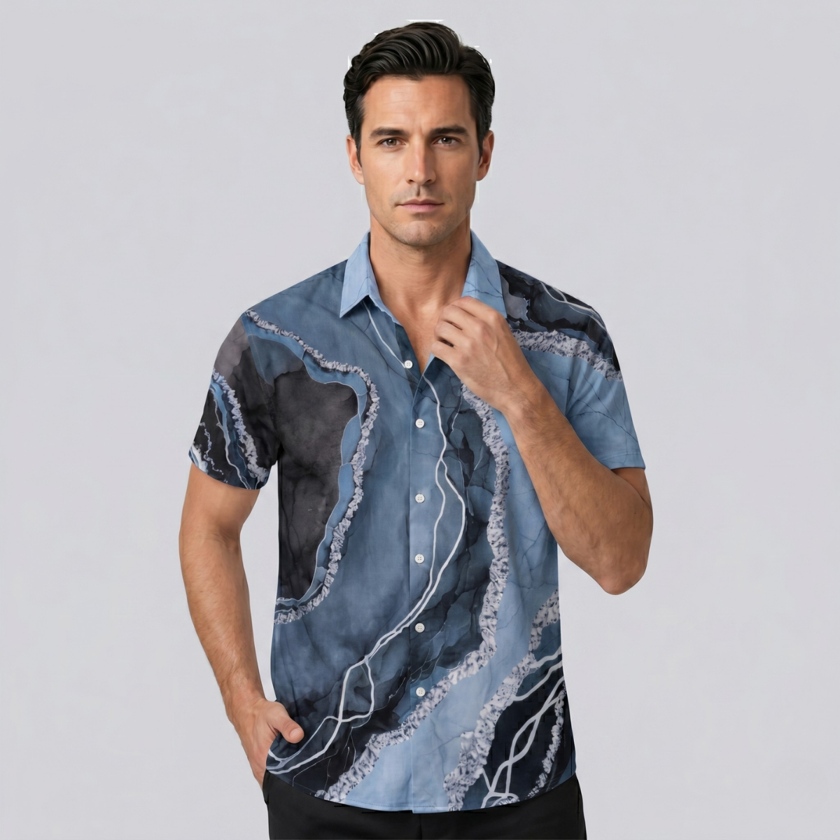 Men’s Casual Patchwork Short Sleeve Button Up Shirt