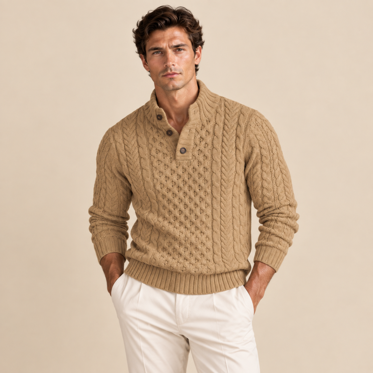 Brighton Men's Cable Knit Sweater with Chunky Button Neck