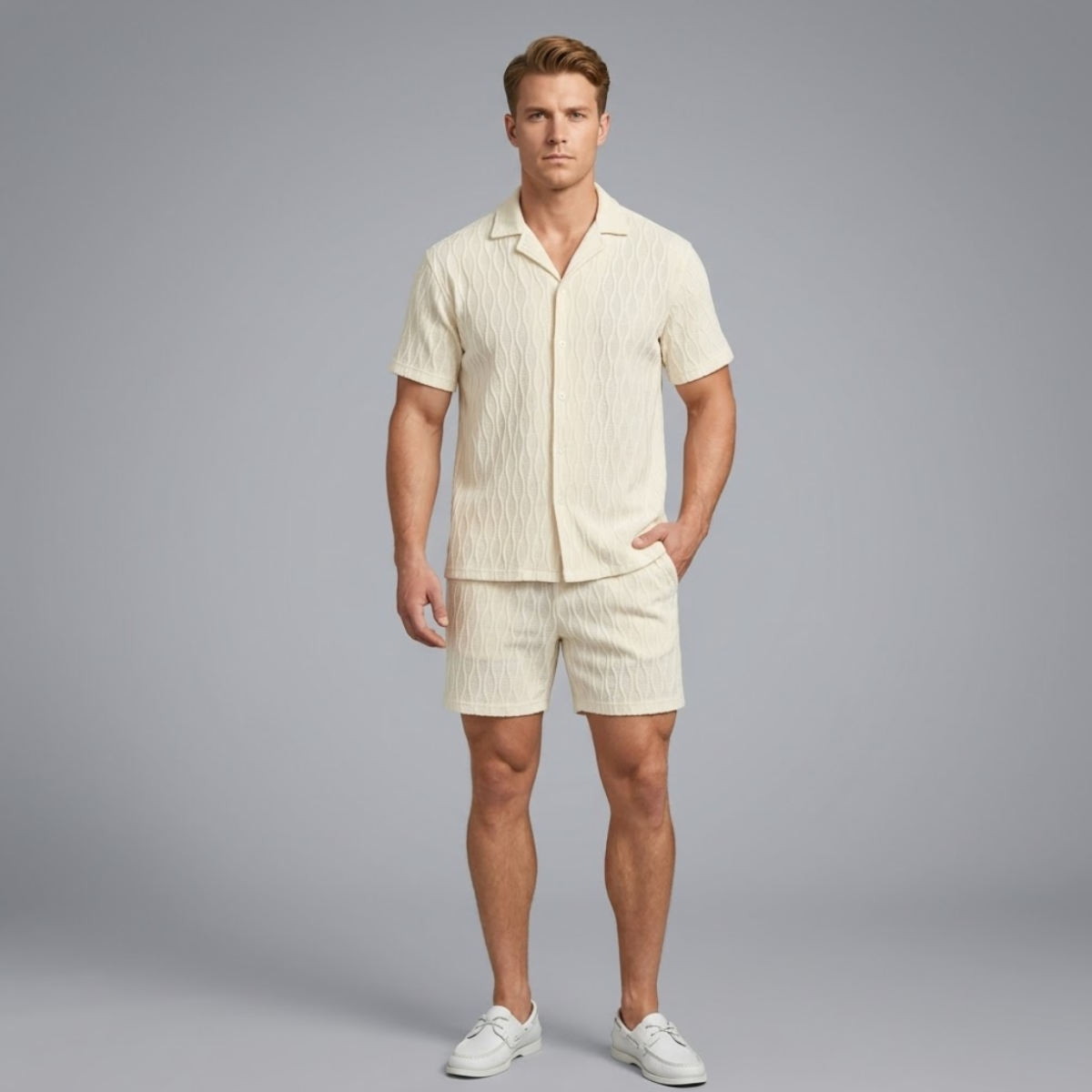 Men’s Textured Knit Co Ord – Button Shirt & Shorts
