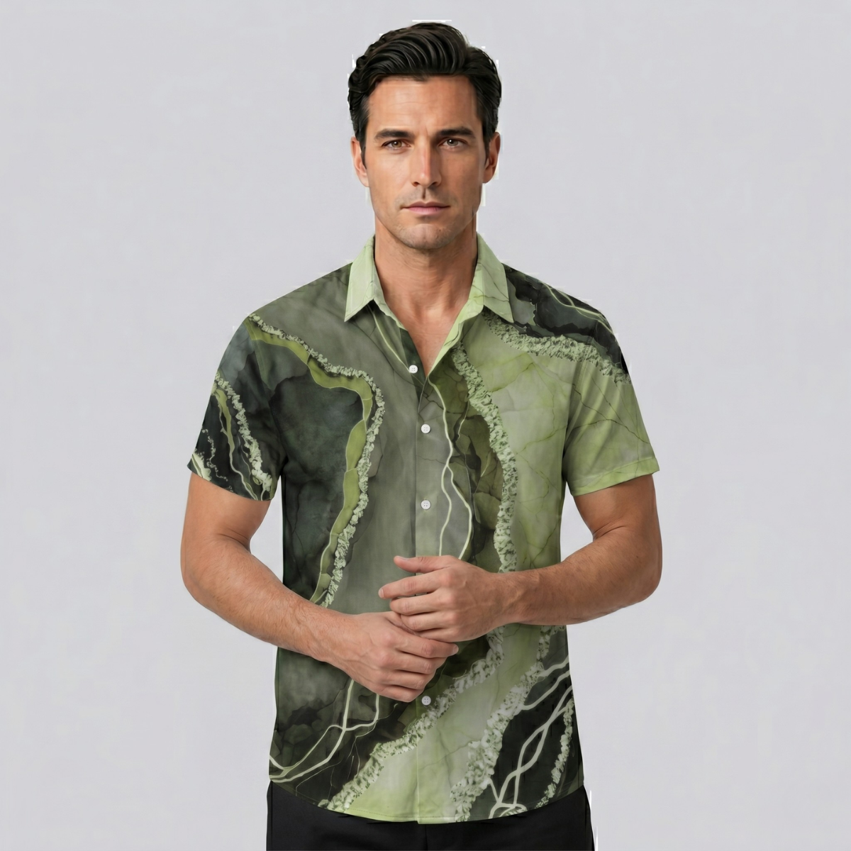 Men’s Casual Patchwork Short Sleeve Button Up Shirt
