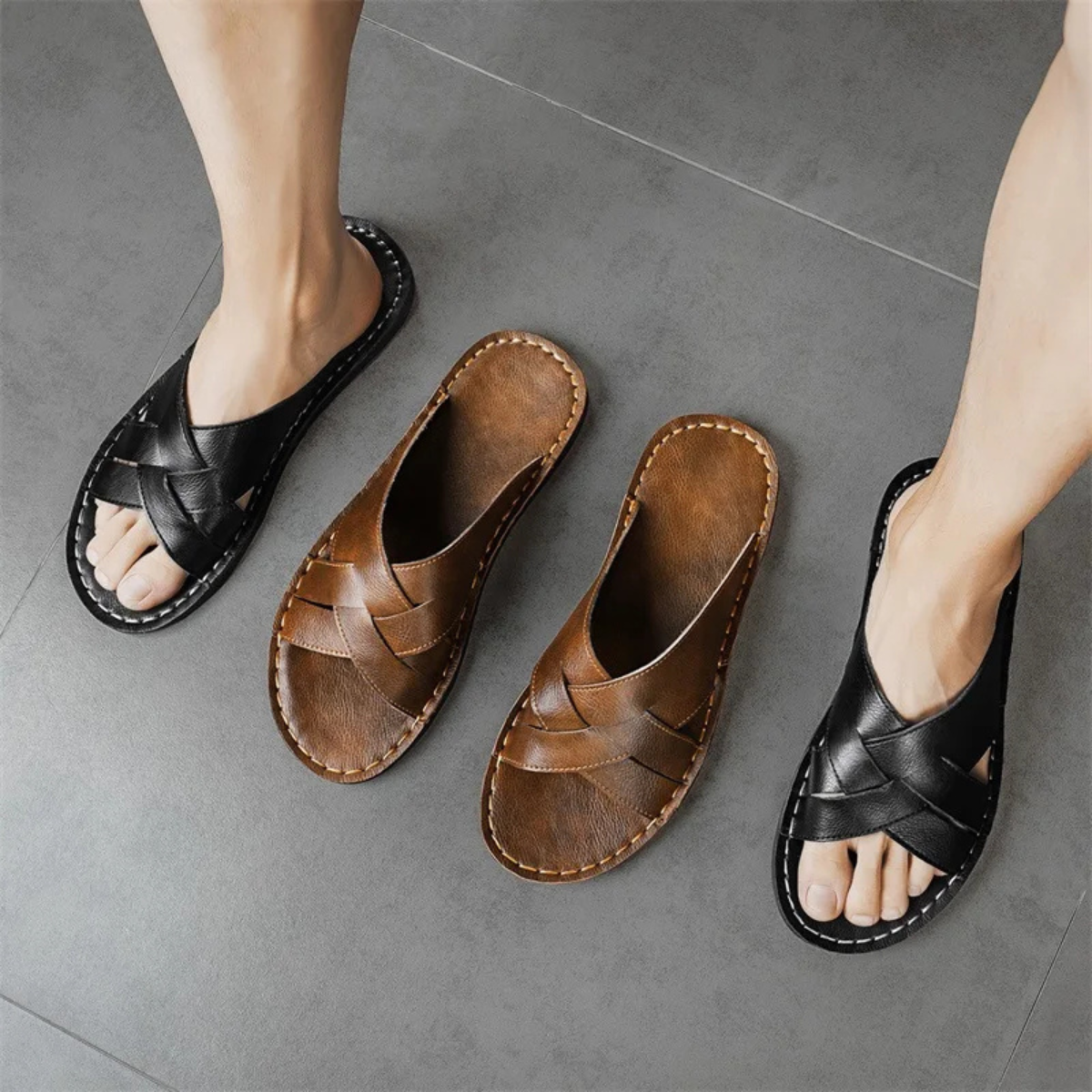The Cortona Men’s Open Toe Casual Leather Slide Sandals