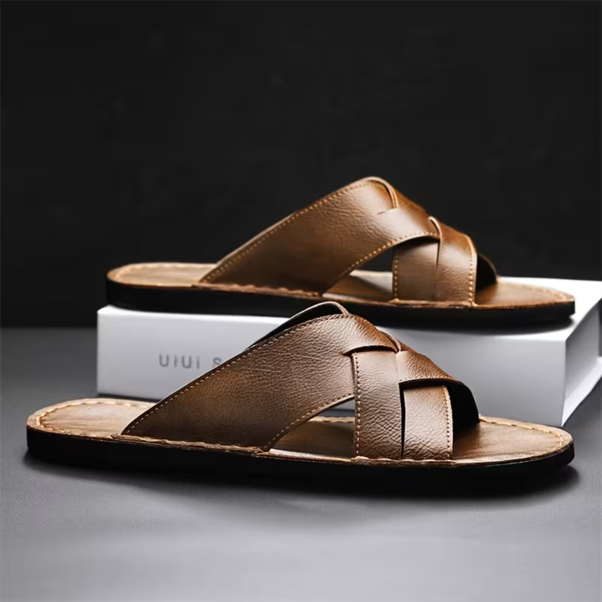 The Ravello Men’s Casual Leather Look Slip On Slide Sandals