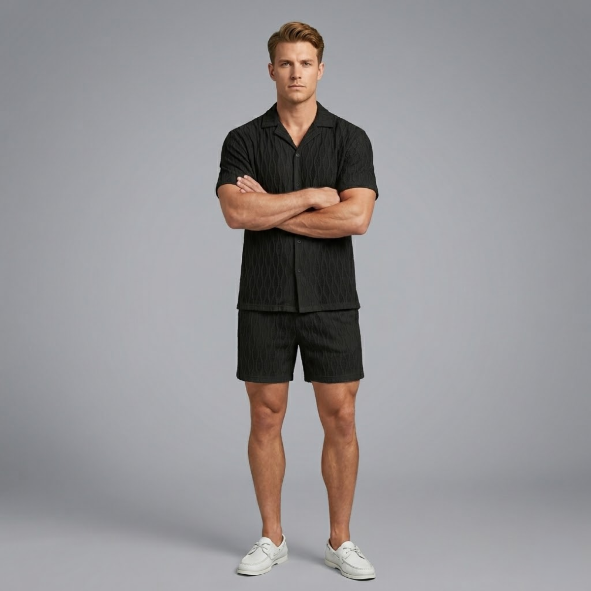 Men’s Textured Knit Co Ord – Button Shirt & Shorts