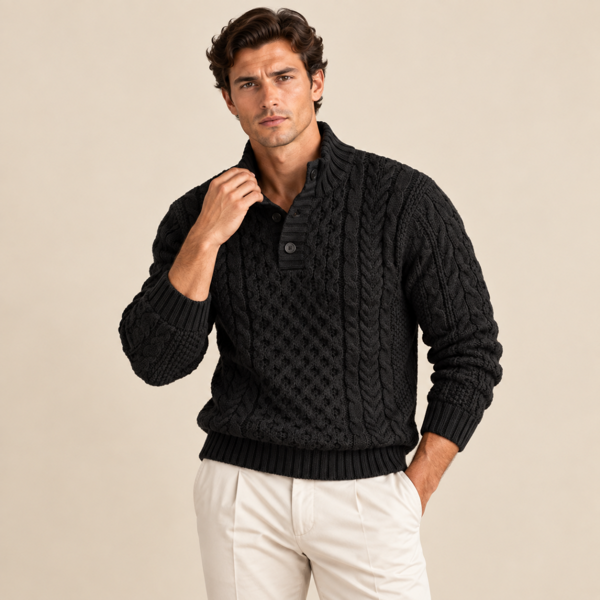Brighton Men's Cable Knit Sweater with Chunky Button Neck