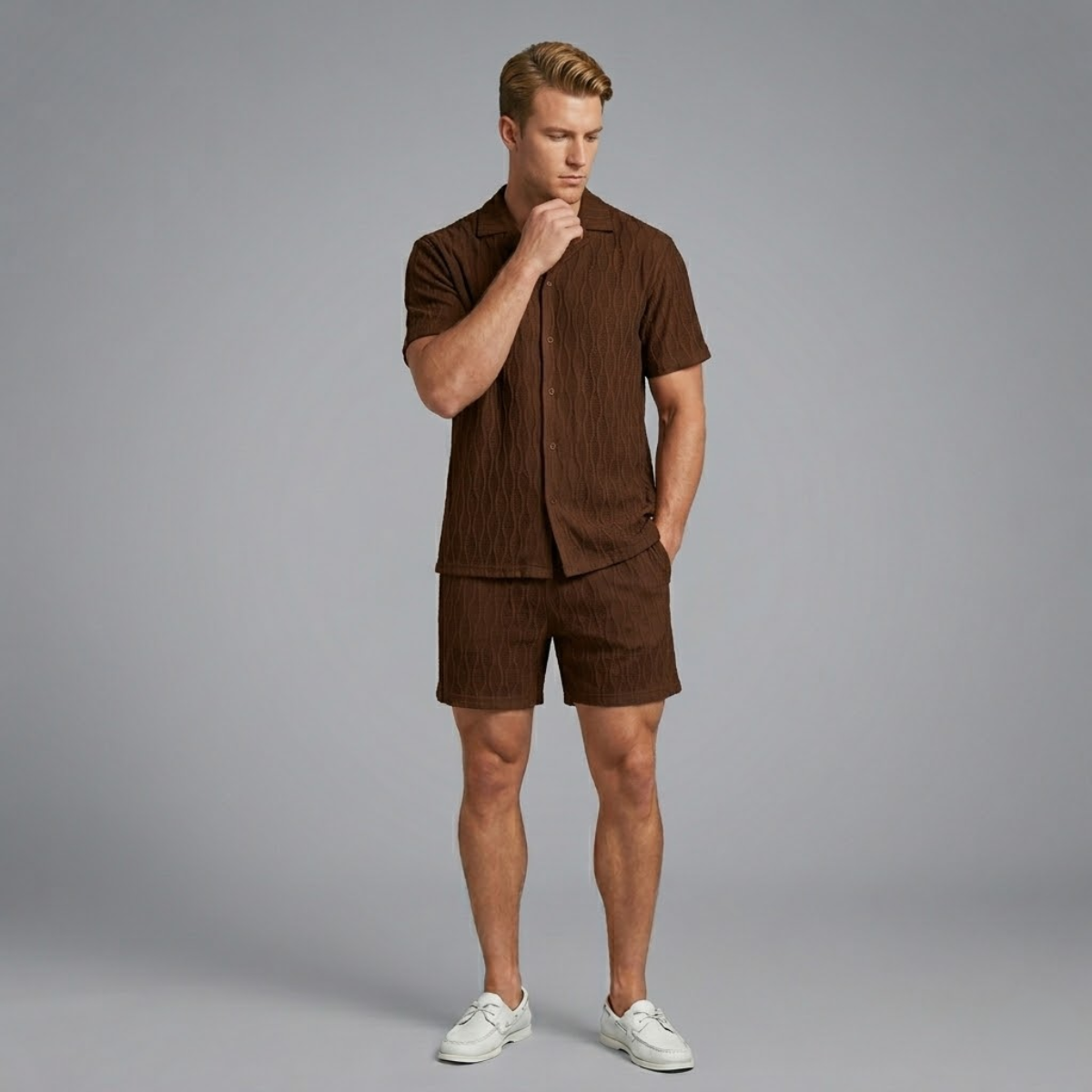 Men’s Textured Knit Co Ord – Button Shirt & Shorts