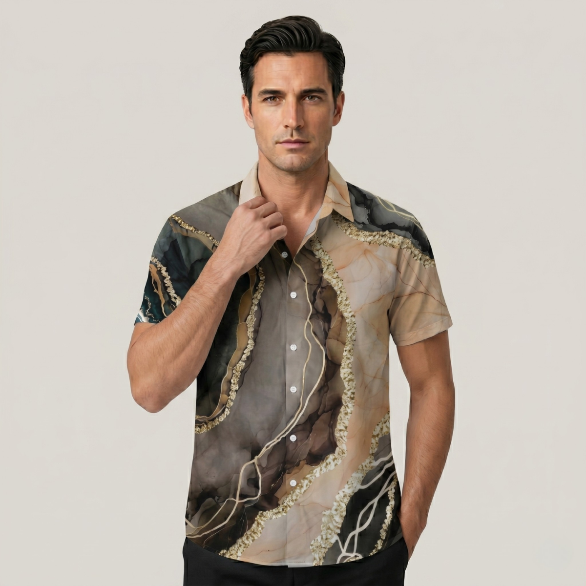 Men’s Casual Patchwork Short Sleeve Button Up Shirt