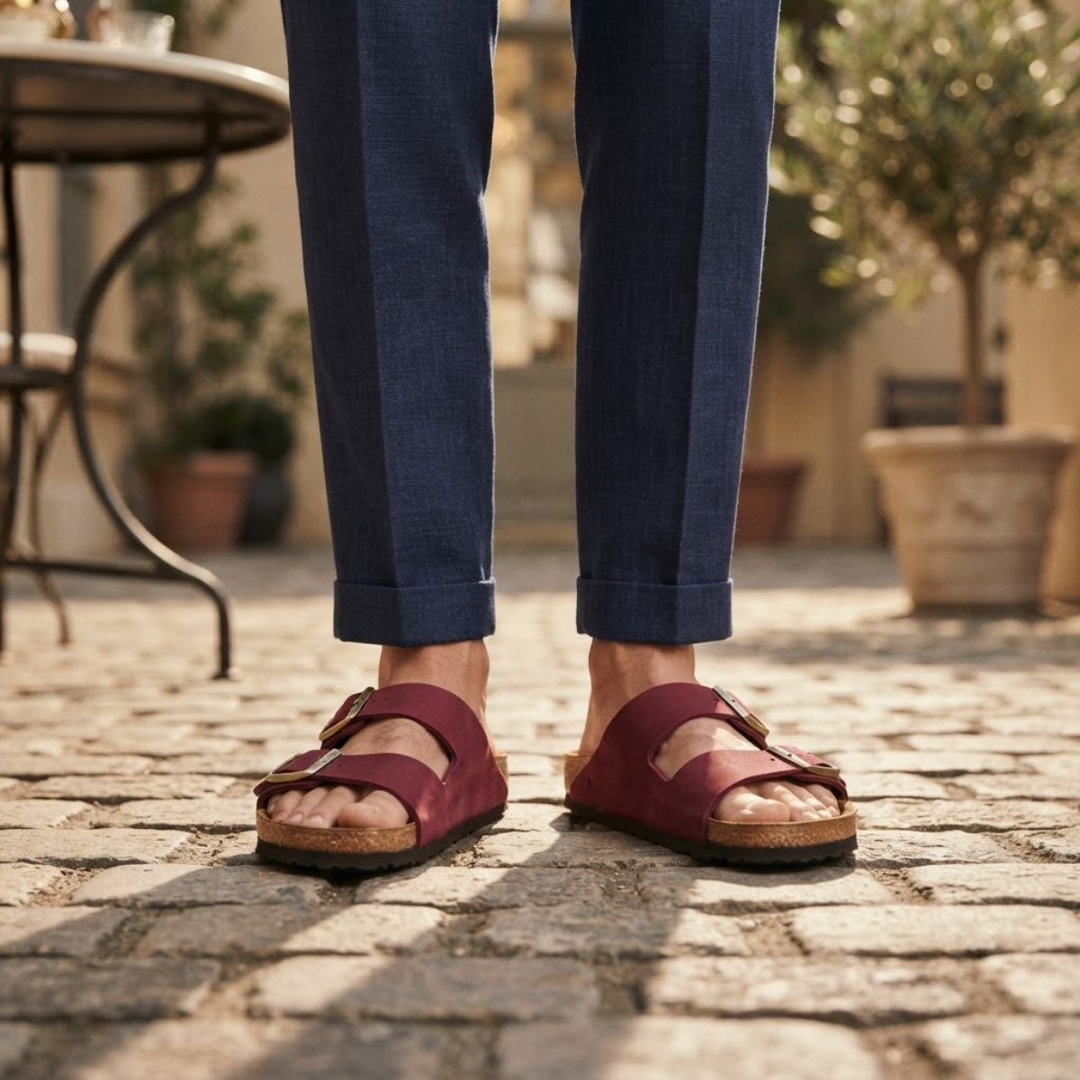 Men's Casual Leather Slippers with Adjustable Buckles