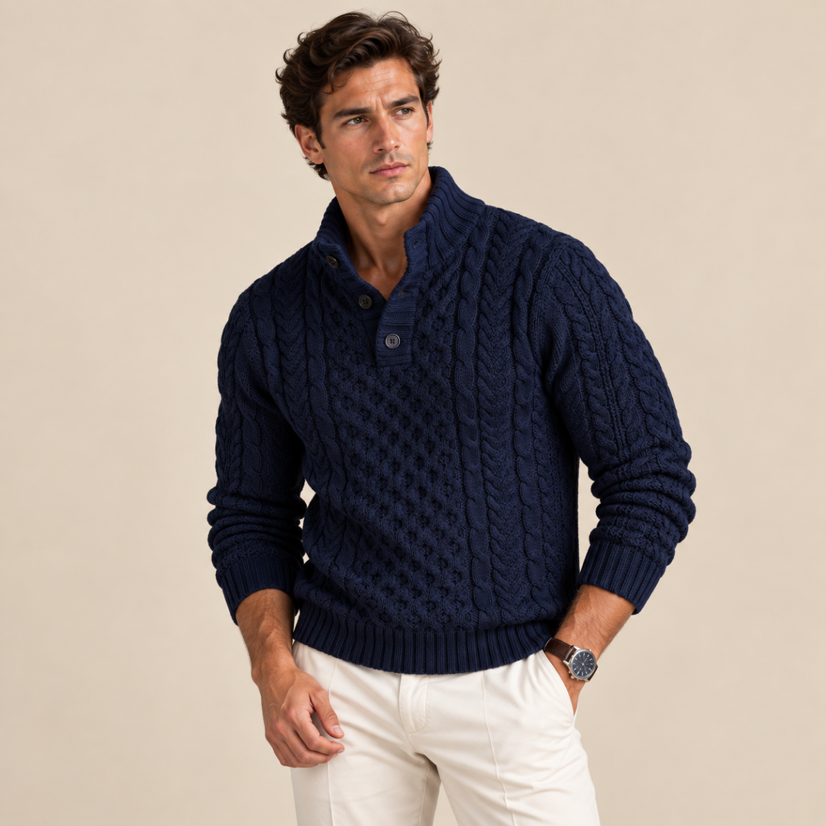 Brighton Men's Cable Knit Sweater with Chunky Button Neck
