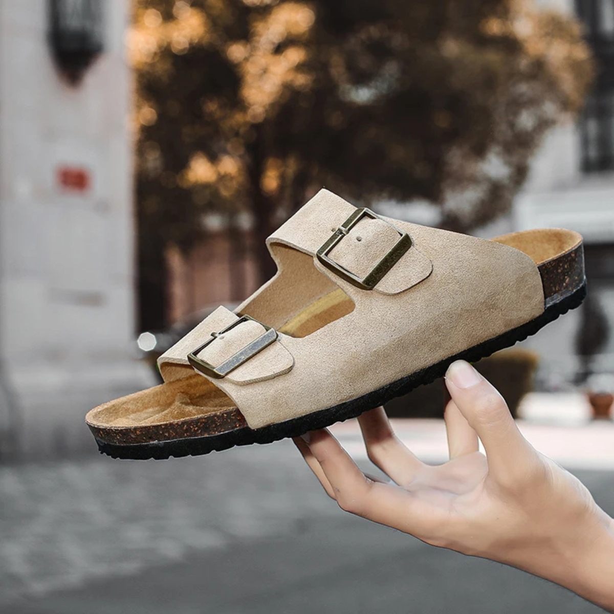 The Verbania Men’s Double Buckle Suede Slide Sandals