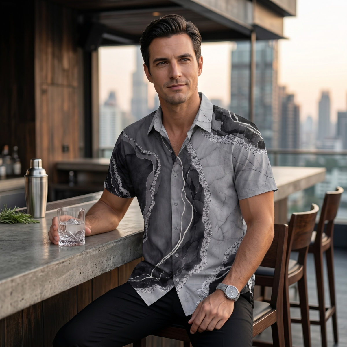 Men’s Casual Patchwork Short Sleeve Button Up Shirt