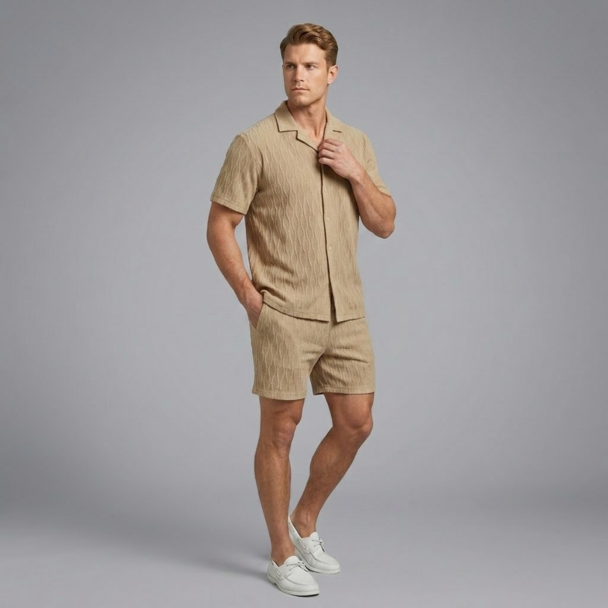 Men’s Textured Knit Co Ord – Button Shirt & Shorts