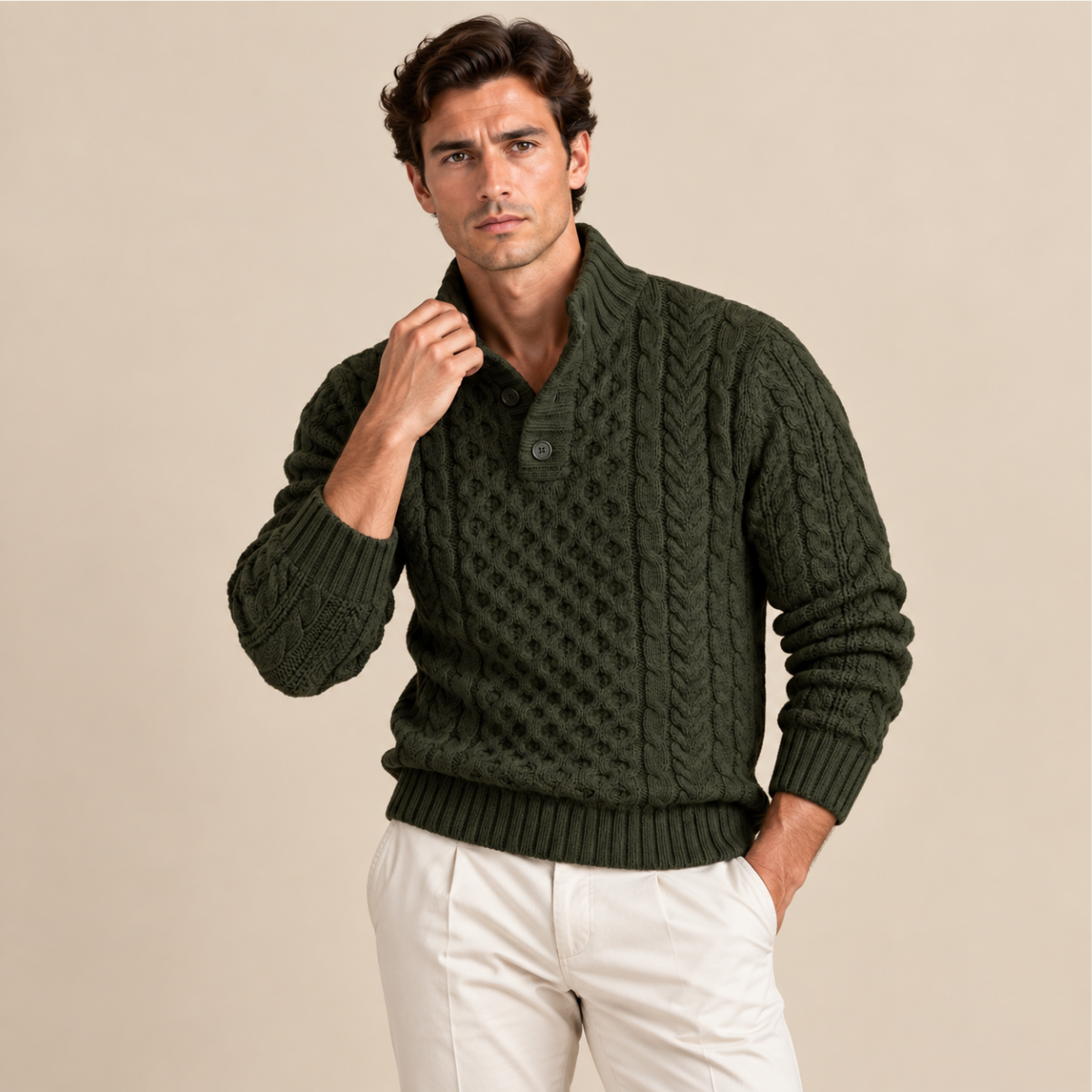 Brighton Men's Cable Knit Sweater with Chunky Button Neck