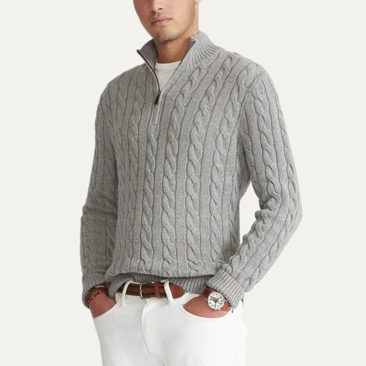 Men's Collared Cable Pattern Half Zip Jumper