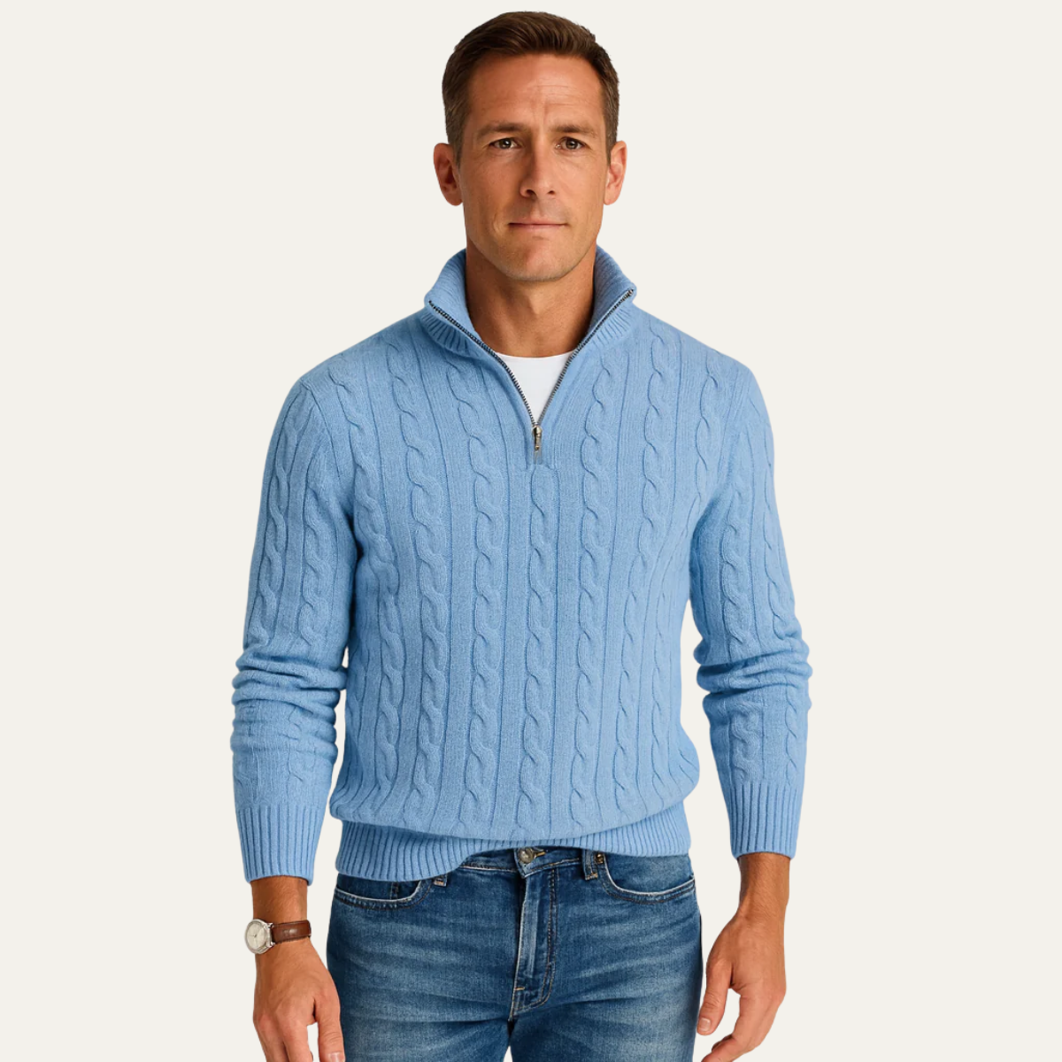 Men's Collared Cable Pattern Half Zip Jumper